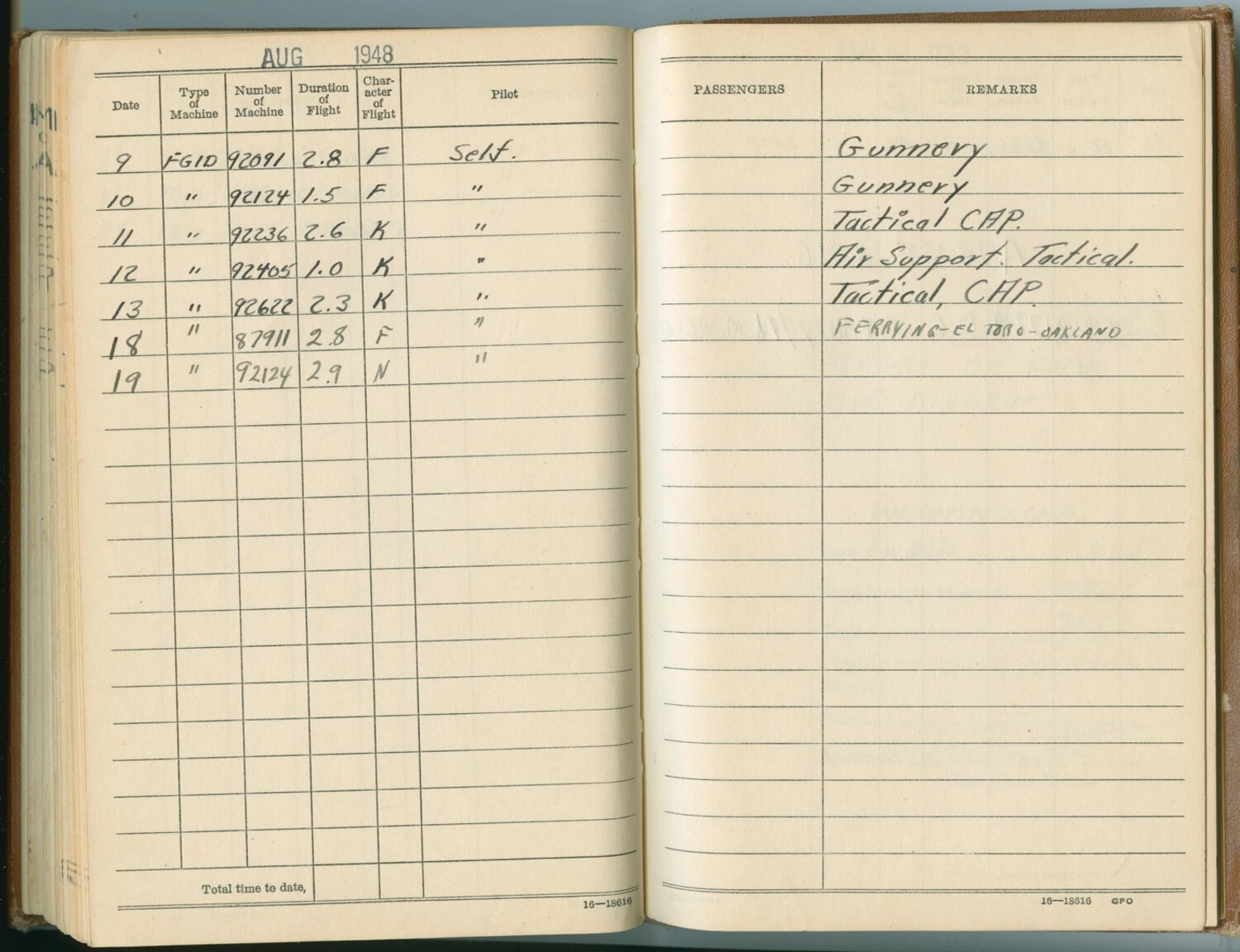 U.S. Marine/Navy Aviator's Flight Logbook, August 1948 -- FG-1D Corsair Training Flights, McAleer Log Book