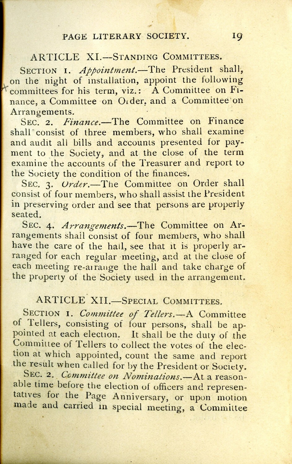 Page 19, Page Literary Society Rule Book - Article XI (Standing Committees) and Article XII (Special Committees)