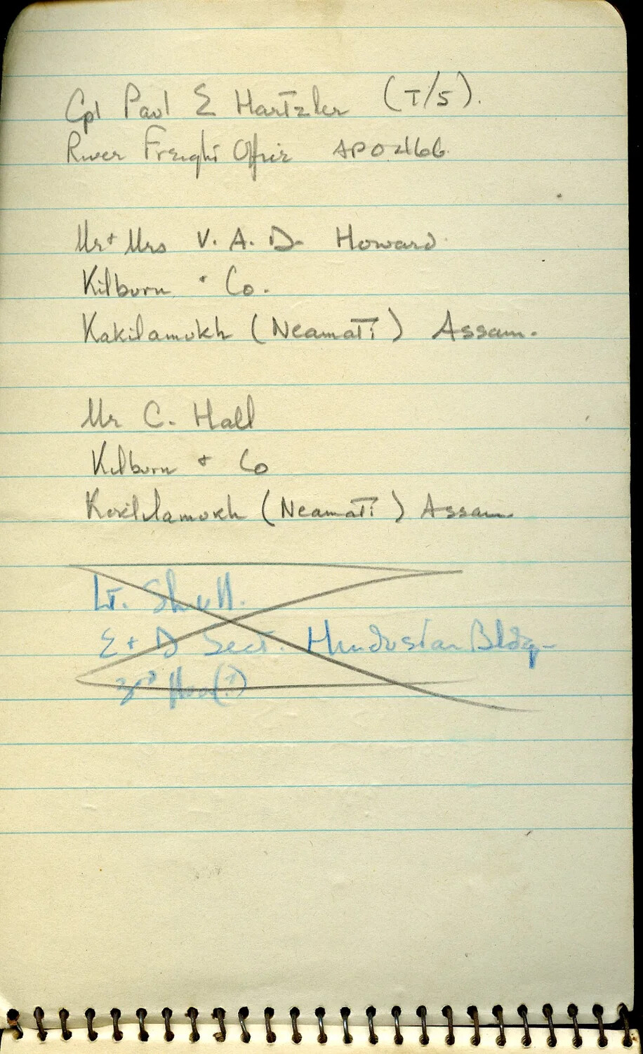 Handwritten Address Book Page: River Freight and Kilburn & Co. Contacts, Assam, India