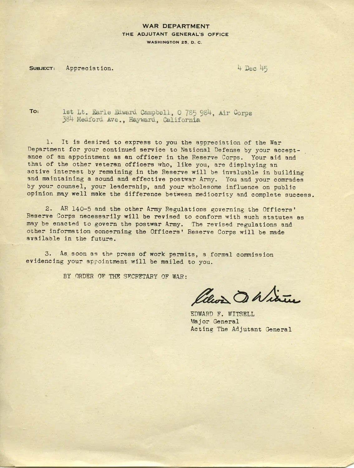 War Department Letter of Appreciation to 1st Lt. Earle Edward Campbell, Air Corps, 4 December 1945