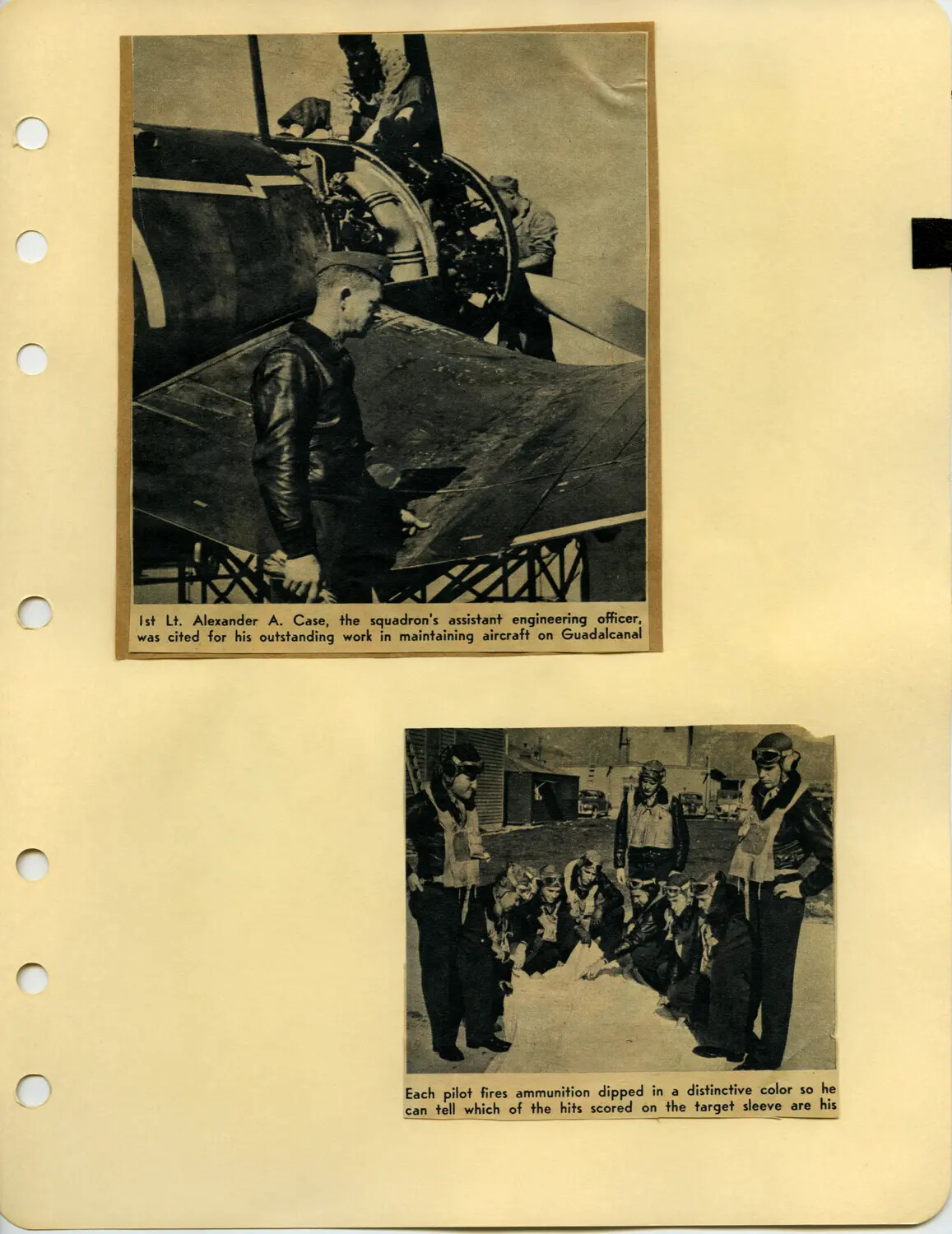 Newspaper Clippings: Squadron Engineering Officer on Guadalcanal and Pilots Inspecting Color-Coded Gunnery Target - Edward P. McAleer Album