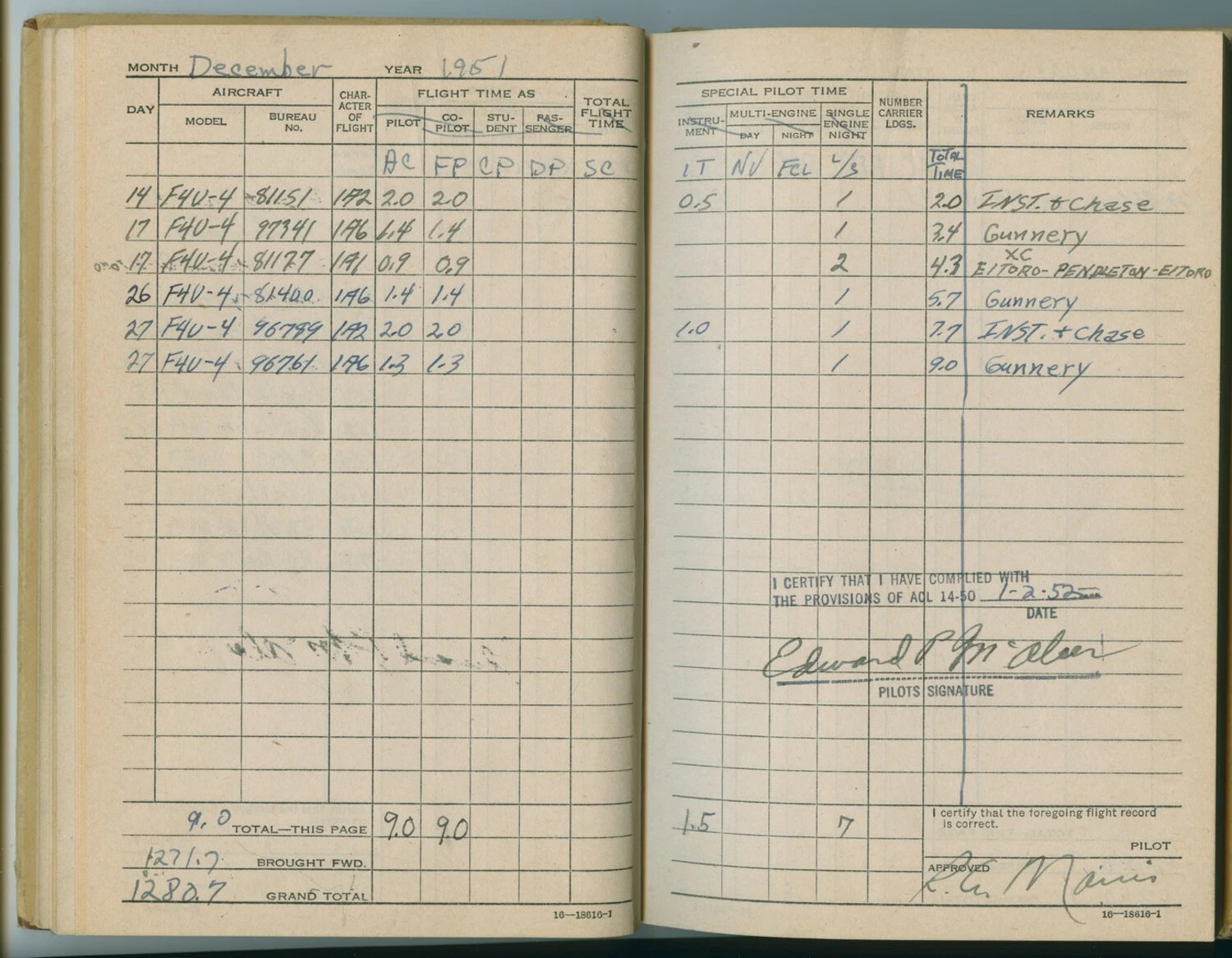 F4U-4 Corsair Pilot Flight Logbook, December 1951 (Edward P. McAleer, Korean War Era)