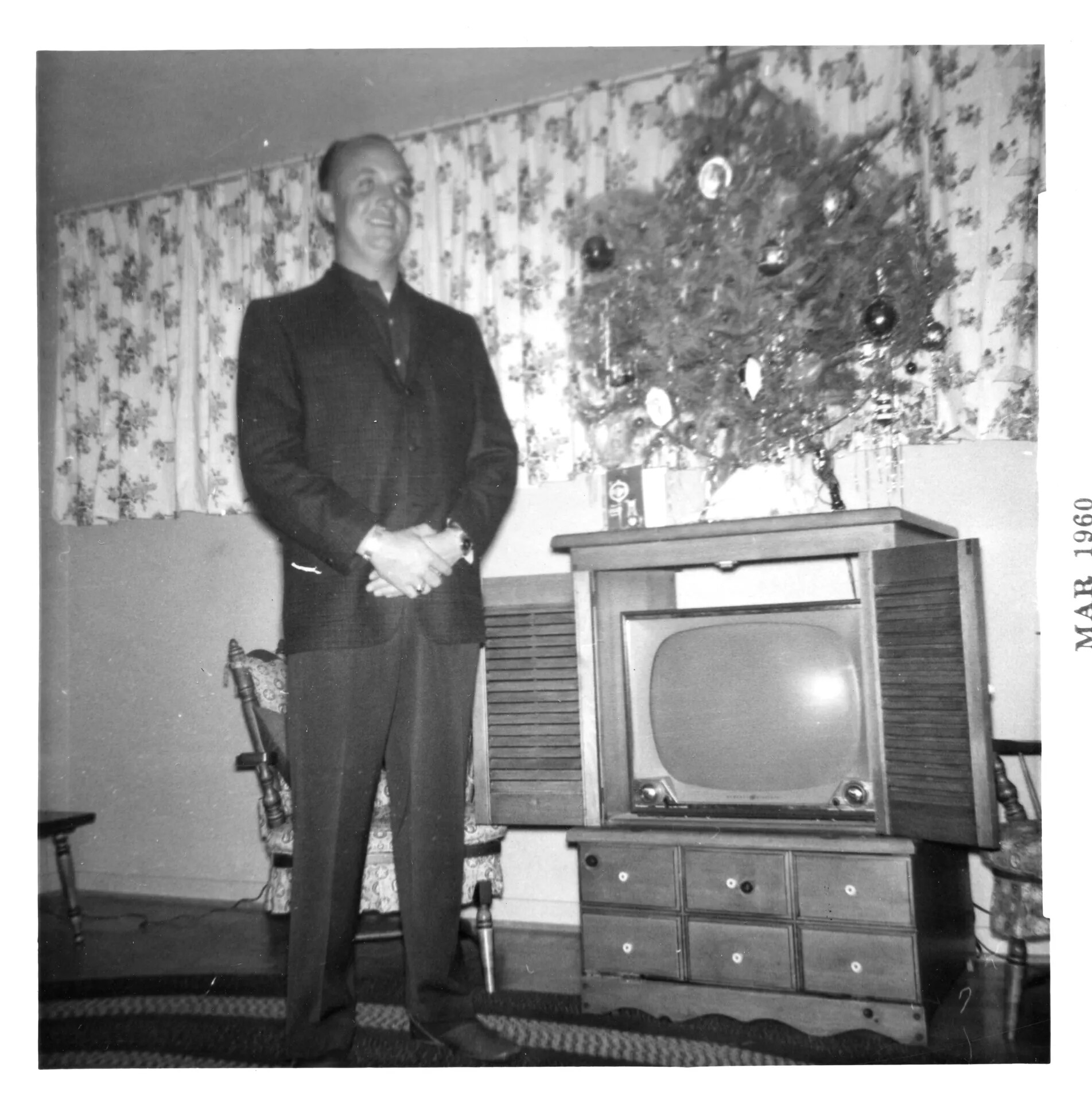 Family Portrait by Christmas Tree and Console Television, Mel Swanson Family Album, circa 1960