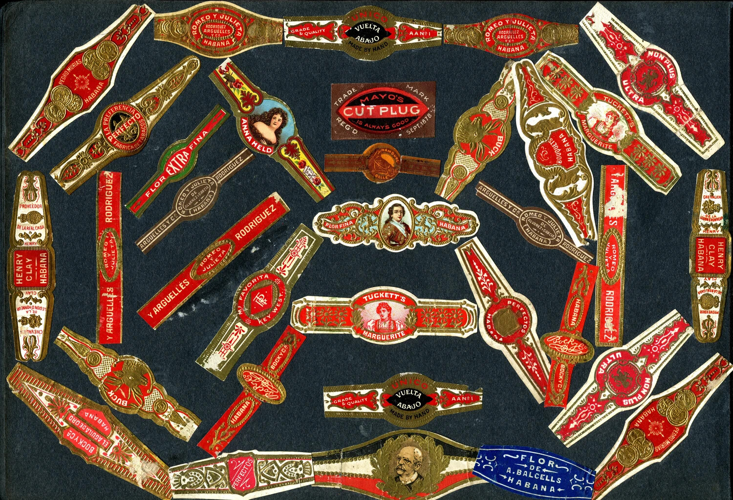 Souvenir Cigar Band Collage, USS Columbia Album Ephemera Page, c. early 1900s