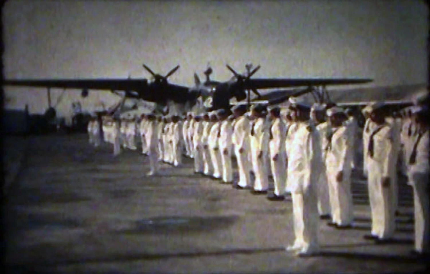 Film Still: Sailors in Formation on Flight Line, NAS Kaneohe, Korean War Era