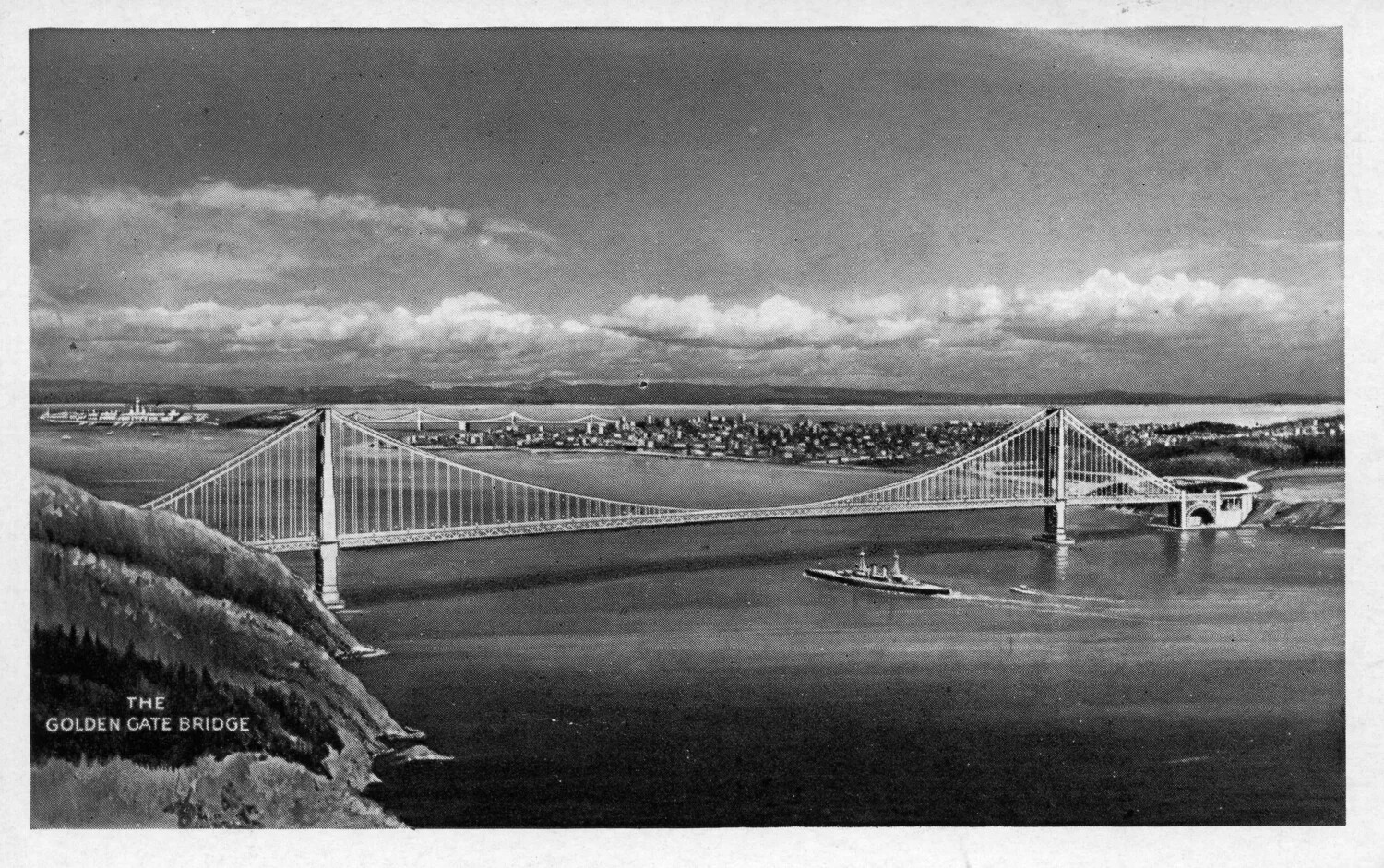 Real Photo Postcard, 'The Golden Gate Bridge' with Naval Vessel, San Francisco