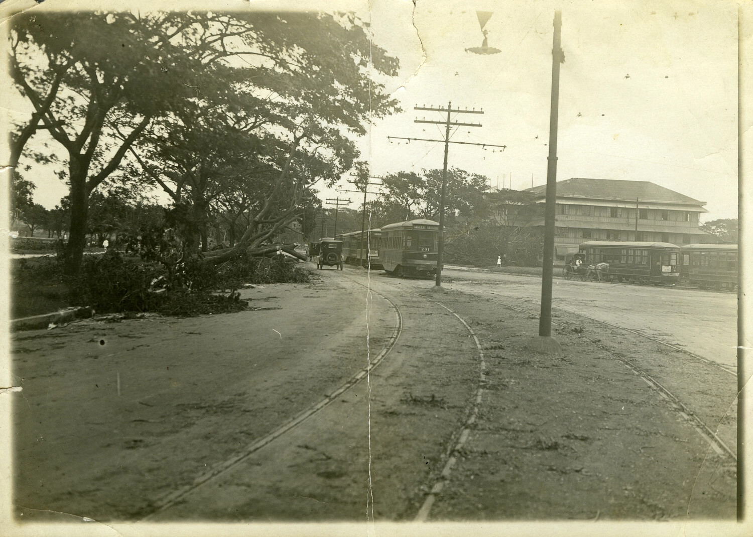 Typhoon Storm Damage on Manila Boulevard with Streetcars, Early 1900s Philippines