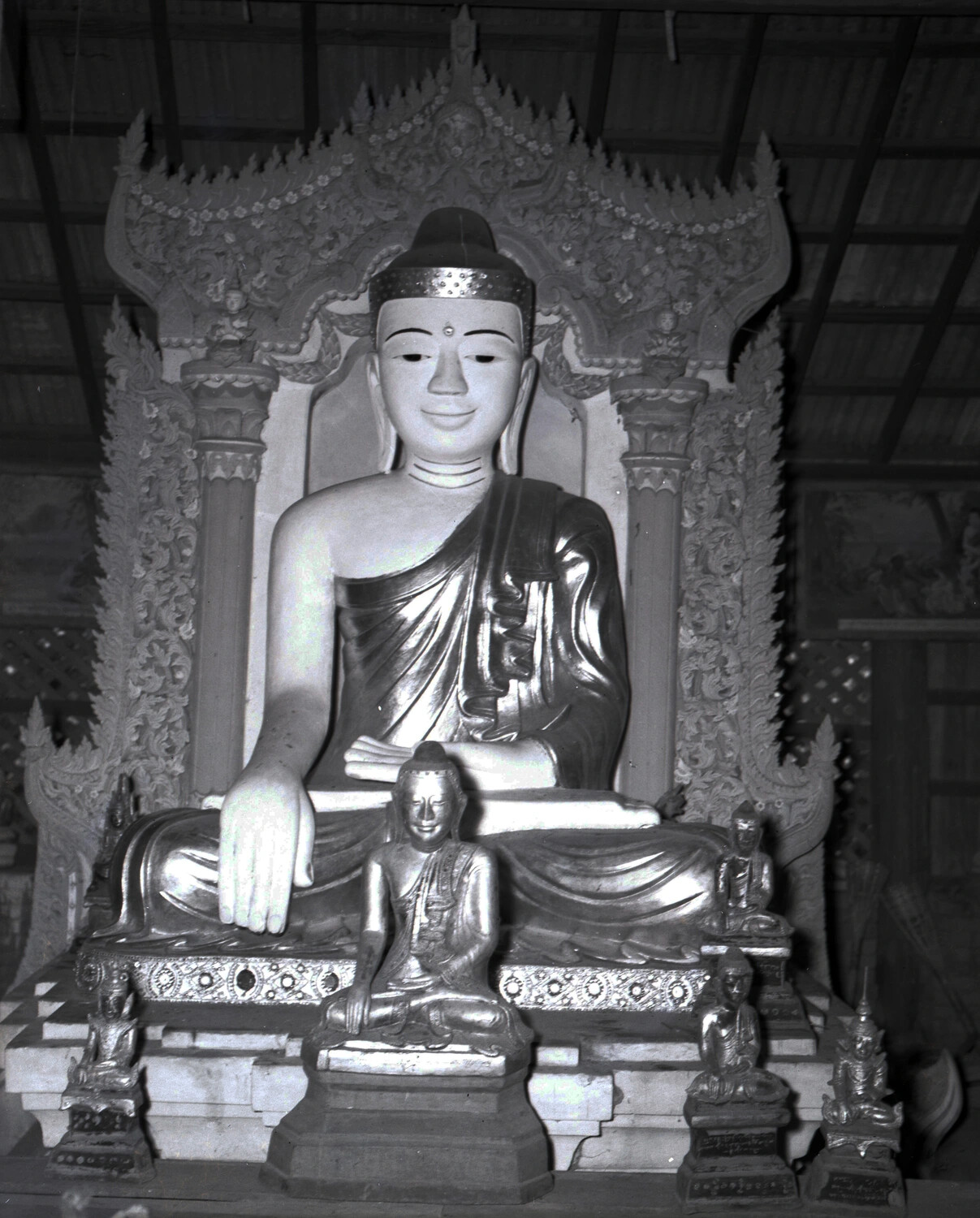 Gilded Buddha Statue in Burmese Temple Shrine, WWII-Era Photograph