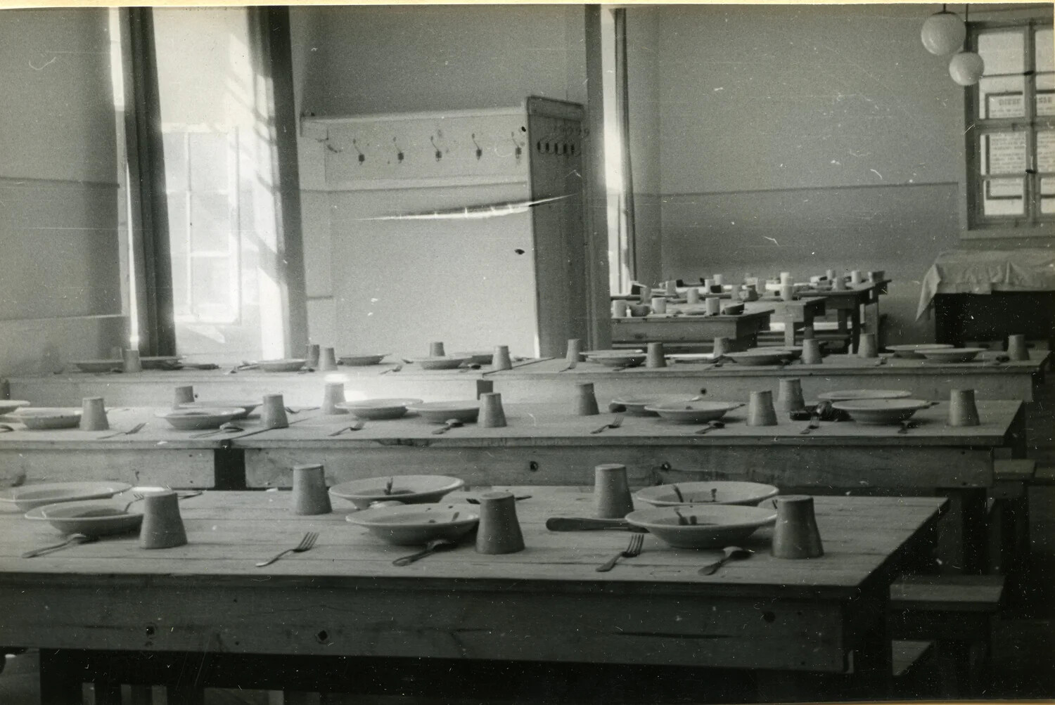 Mess Hall / Dining Hall Interior with Place Settings, German Military Depot Complex, WWII Era