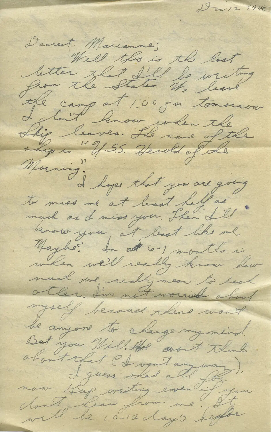 Handwritten Farewell Letter to 'Marianne,' Dated Dec. 12, 1945, Moon/Sammiet Collection (Page 165)