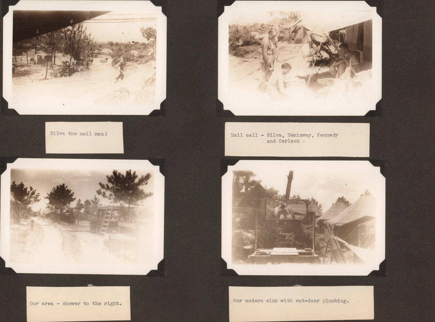 WWII Photo Album Page — Camp Life, Mail Call, and Improvised Facilities