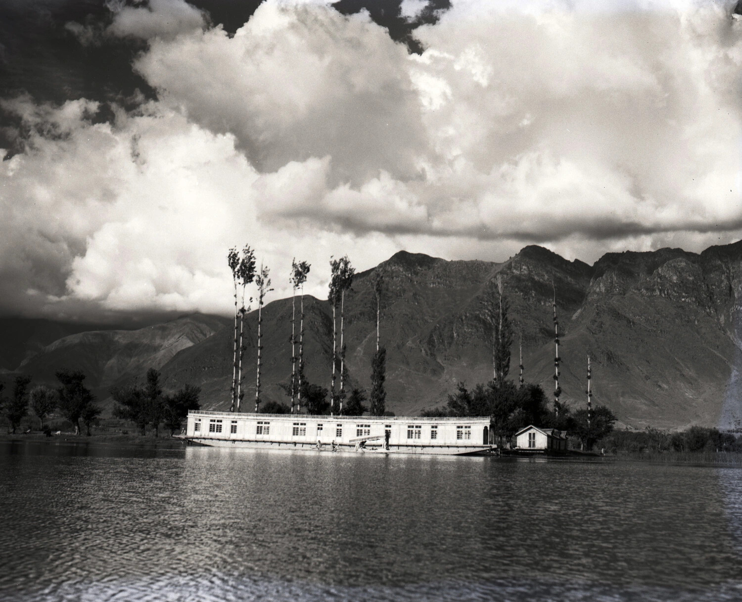 Houseboat on a Himalayan Lake, Likely Kashmir, India, 1944-45 (Kotec CBI Collection)