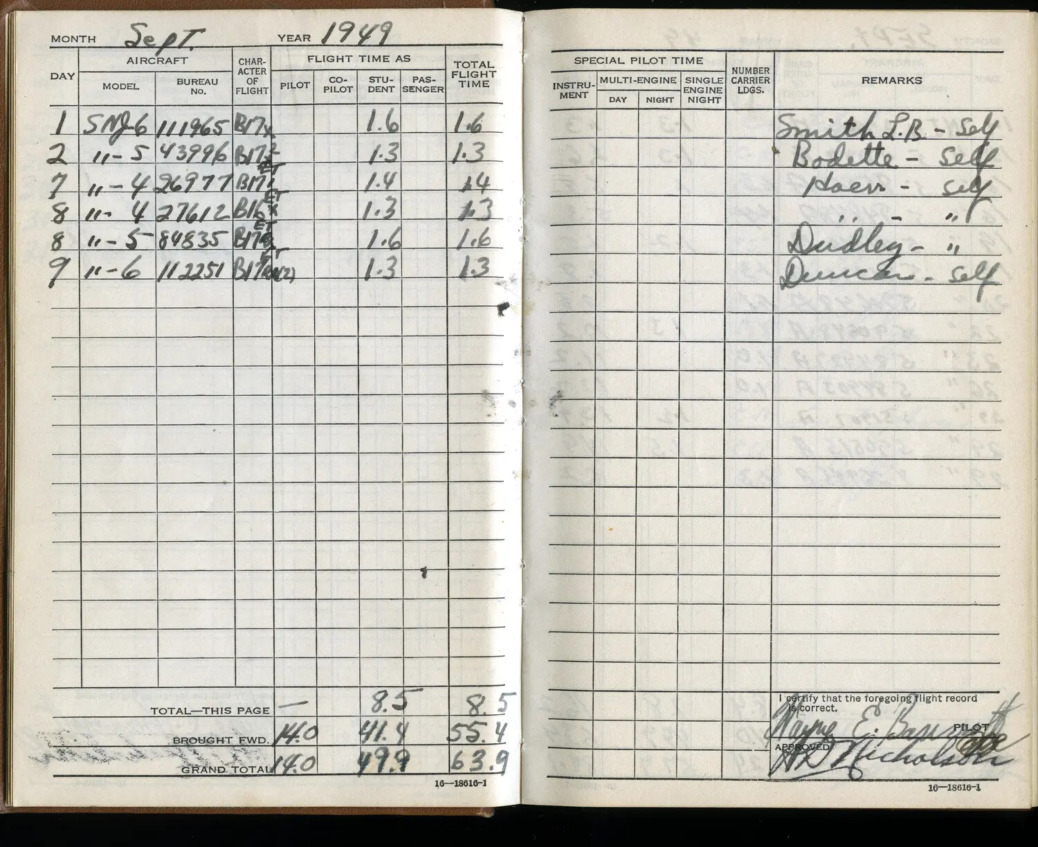 U.S. Navy Aviator's Flight Logbook Page — September 1949 SNJ Trainer Flights