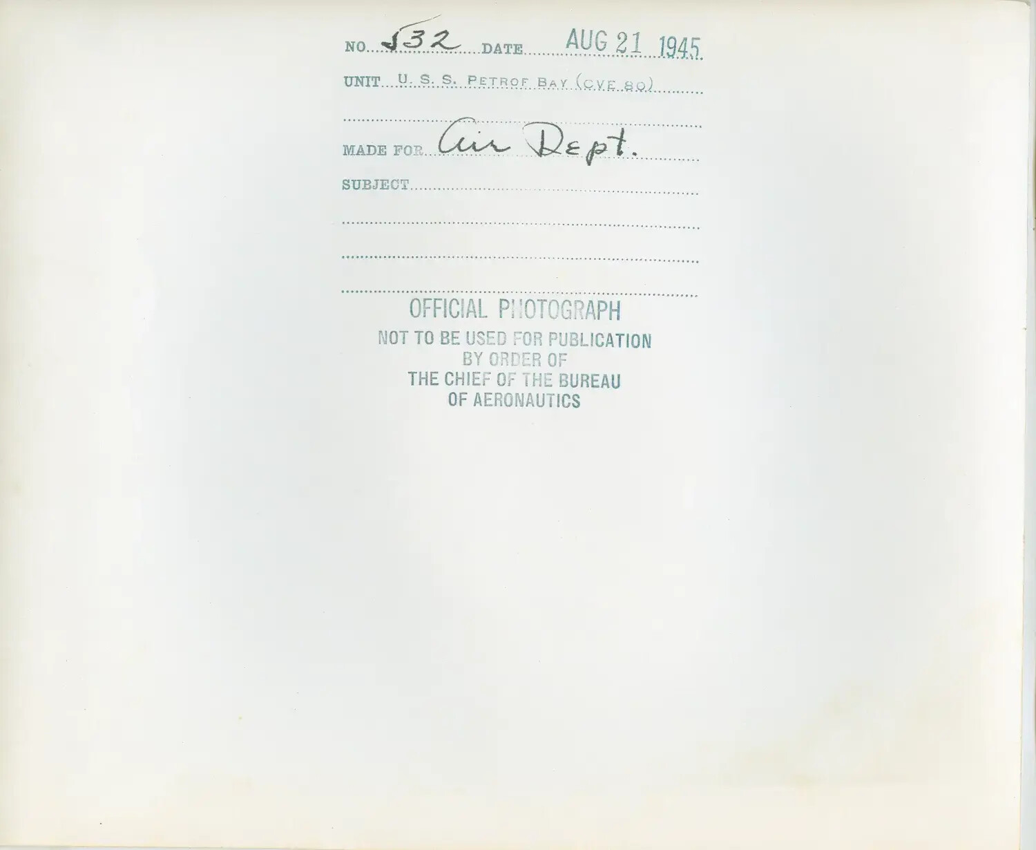 U.S. Navy Official Photograph Caption/Log Sheet, USS Petrof Bay (CVE-80), August 21, 1945