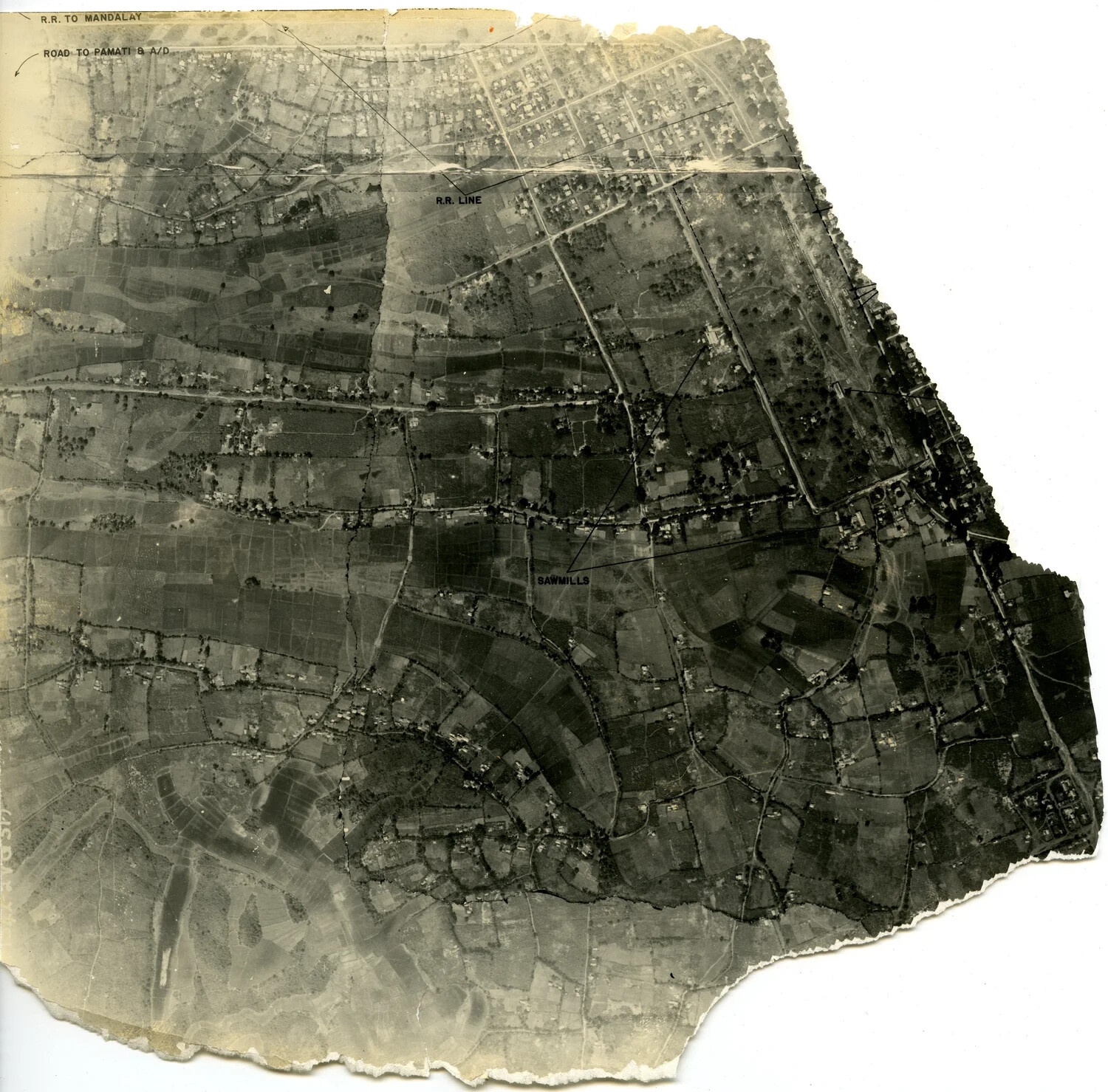 Annotated Aerial Reconnaissance Photograph, Mandalay Area, Burma, WWII China-Burma-India Theater