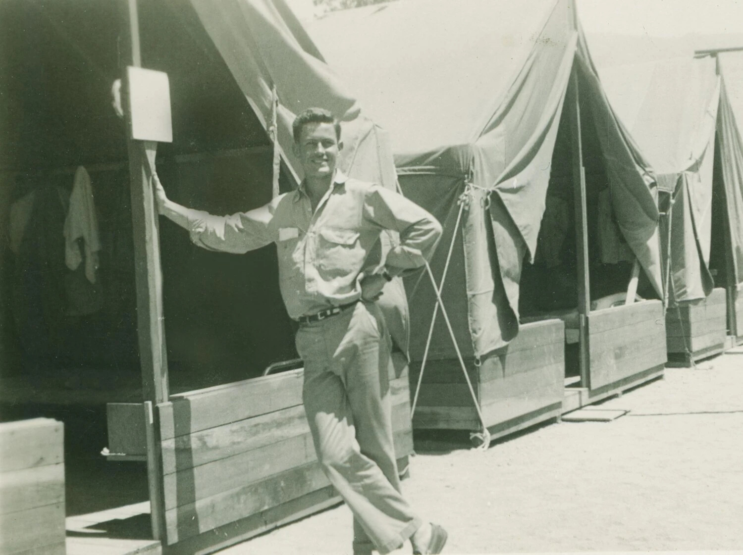 Serviceman Posing at Tent-Camp Quarters — Pat McAleer Personal Photo Album