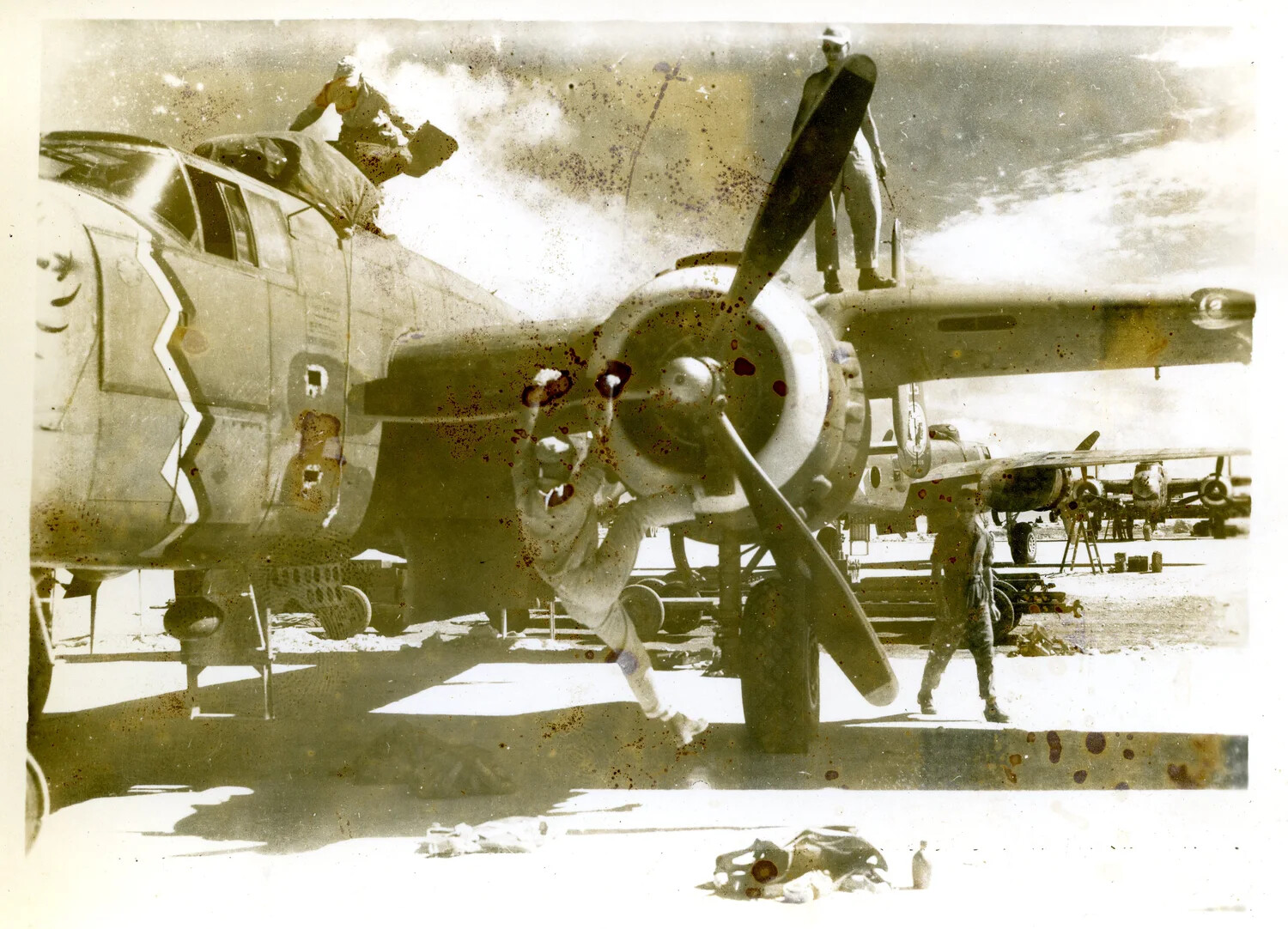 Ground Crew Servicing B-25 Mitchell Bomber, Pacific Theater, WWII (345th Bombardment Group)