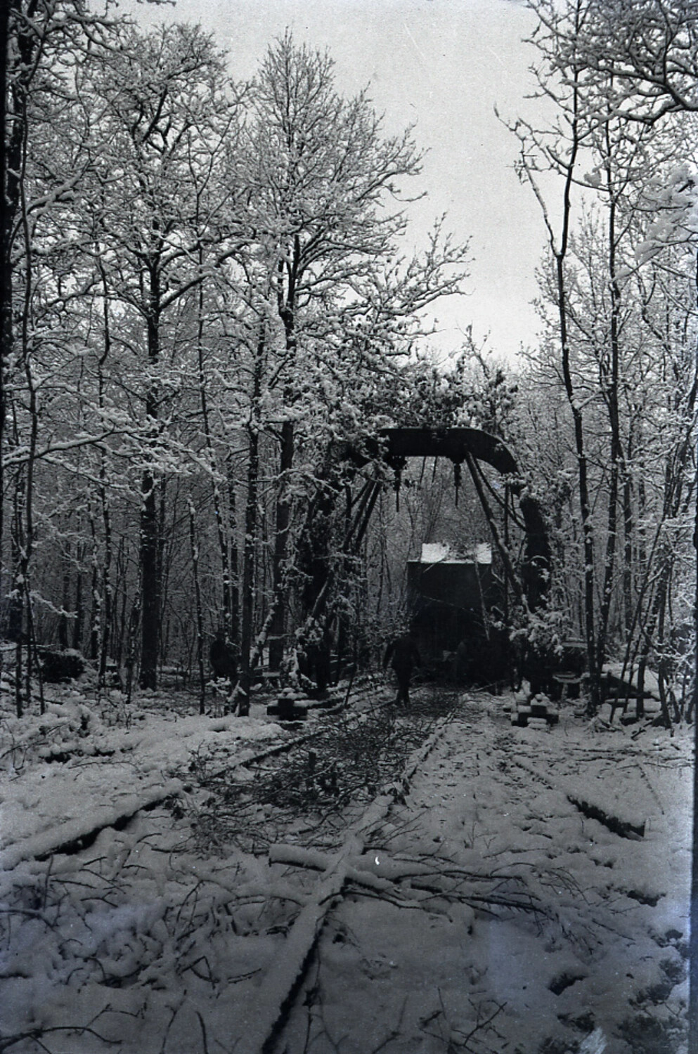 Snow-Covered Forest with Narrow-Gauge Rail Line and Timber Gantry Structure, WWI German Negative Collection