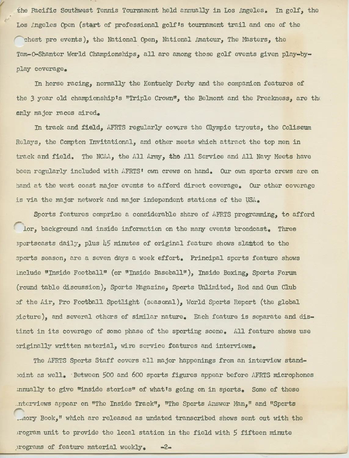Typewritten Report Page Describing AFRTS Sports Programming (Page 2)