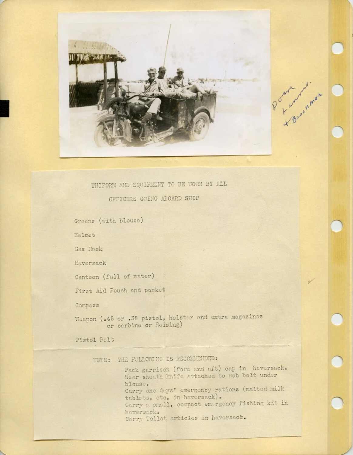 Servicemen with Motorcycle and Sidecar; Officer Equipment Checklist — McAleer Collection Scrapbook Page
