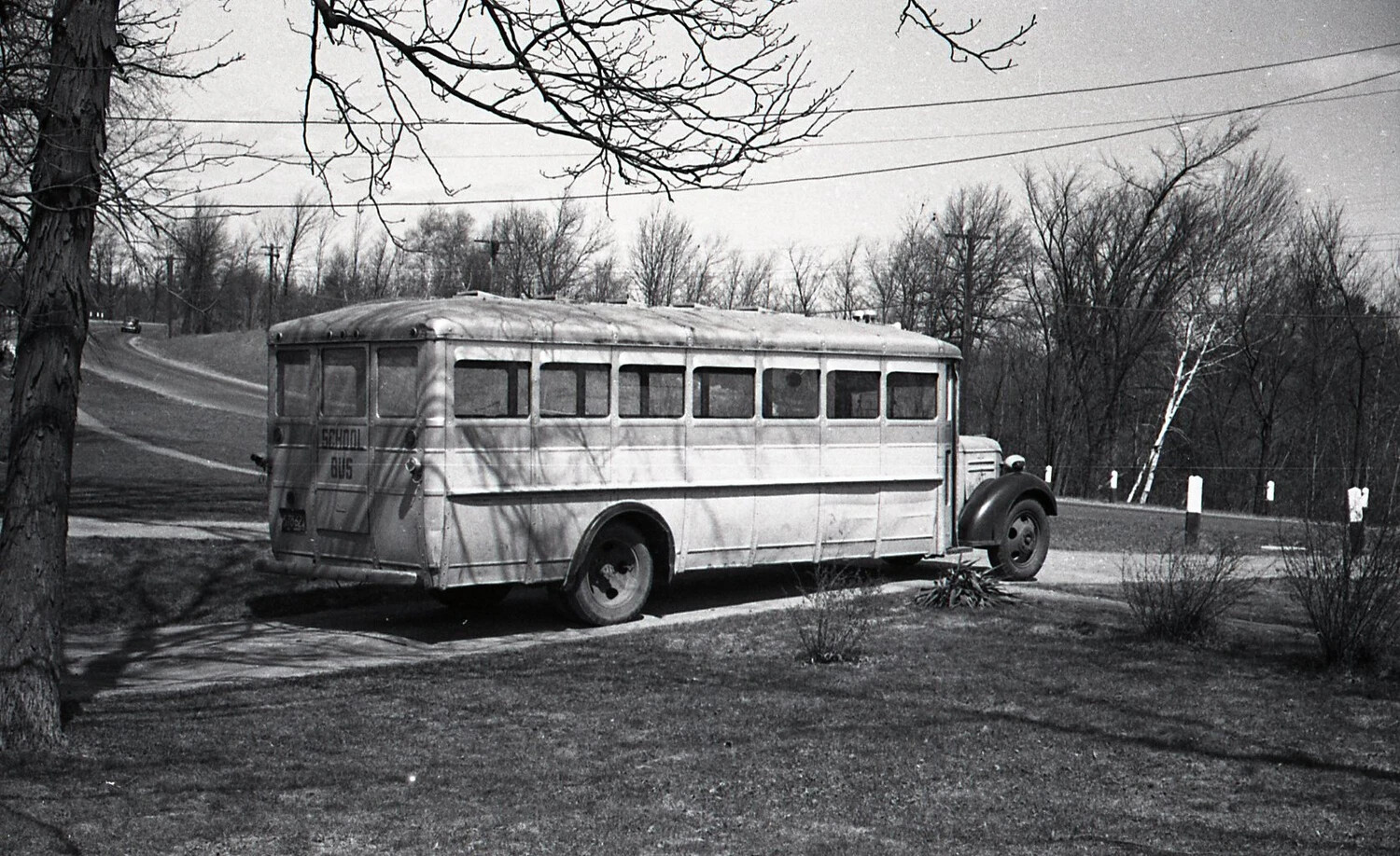 Vintage School Bus Parked Roadside, Stateside Photograph, WWII Era