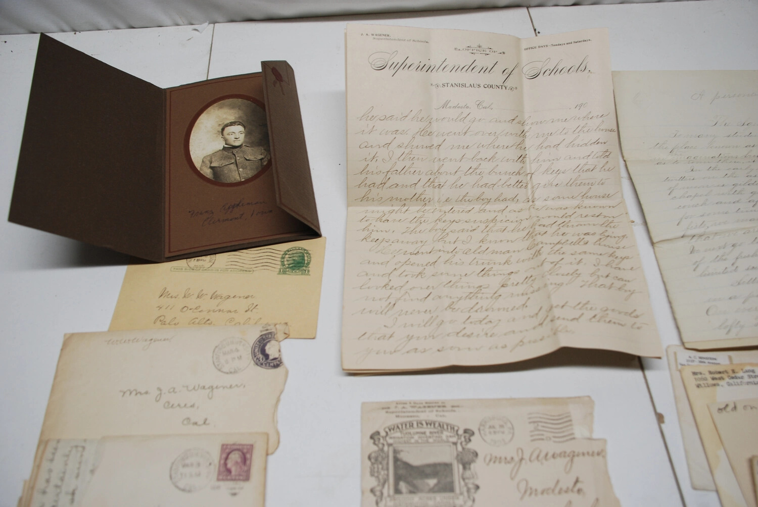 WWI-Era Personal Correspondence and Portrait Photograph of Pvt. Willis W. Wagener - Family Letter Archive Flat-Lay