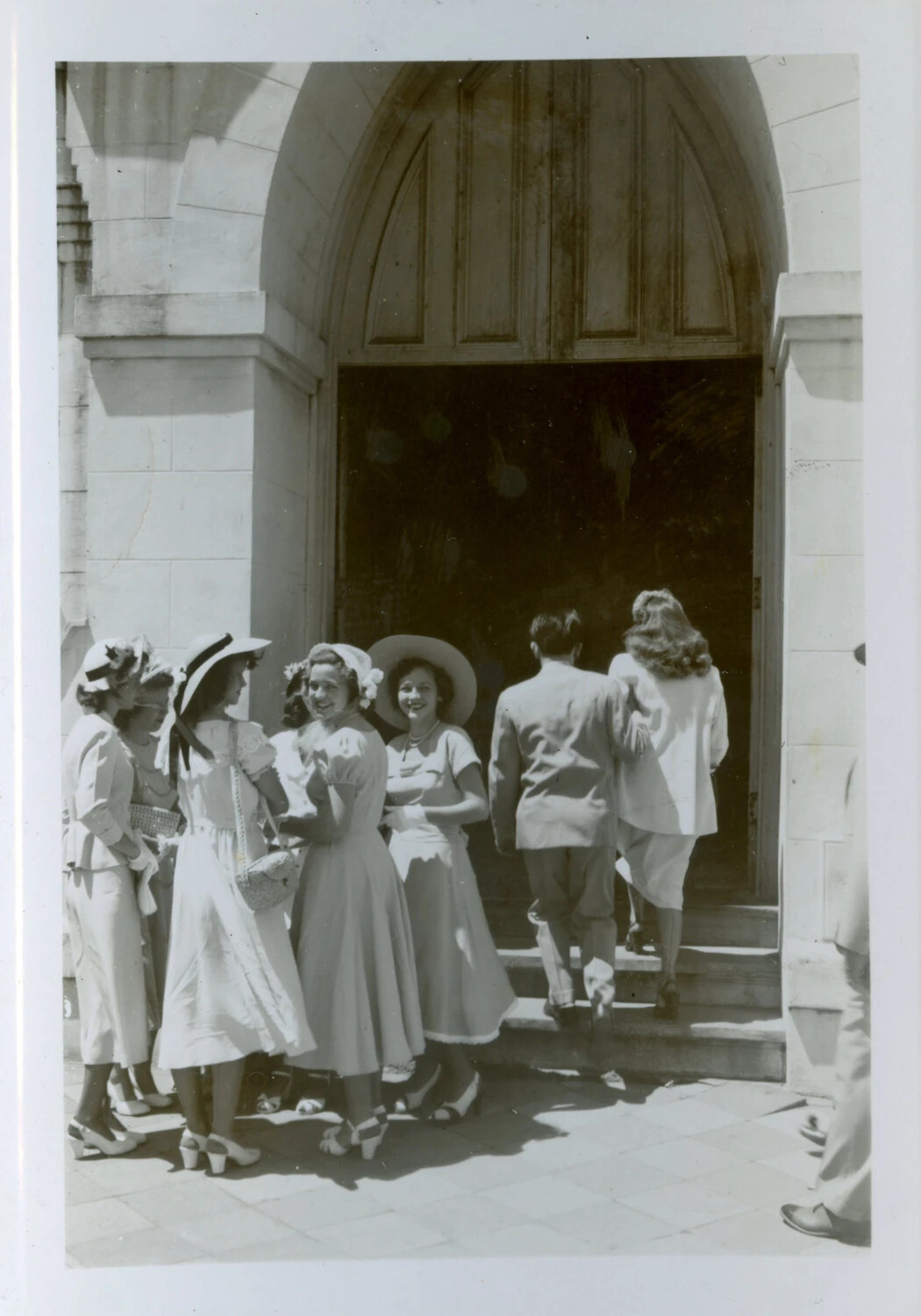 Group of Women in Sunday Attire at Church Entrance, Pensacola, Florida, April 1949