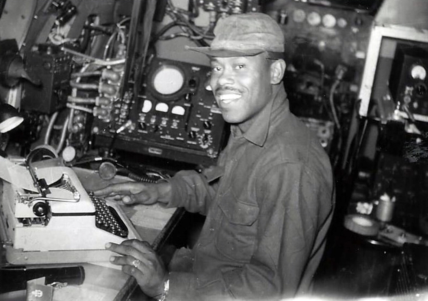 Serviceman Clinton 'Duke' Macklin at Radio Communications Station, Korean War Era