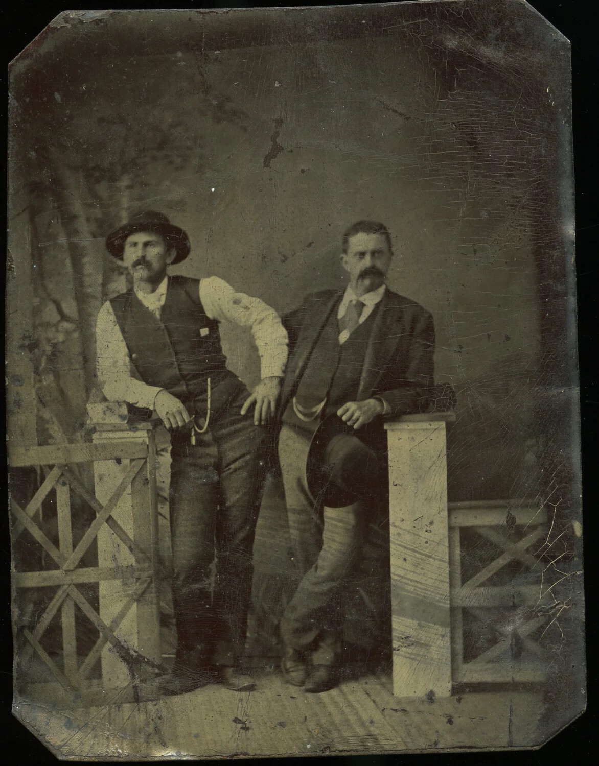 Tintype Portrait of Two Mustached Men, Victorian-Era Studio Photograph (c. 1870s-1890s)