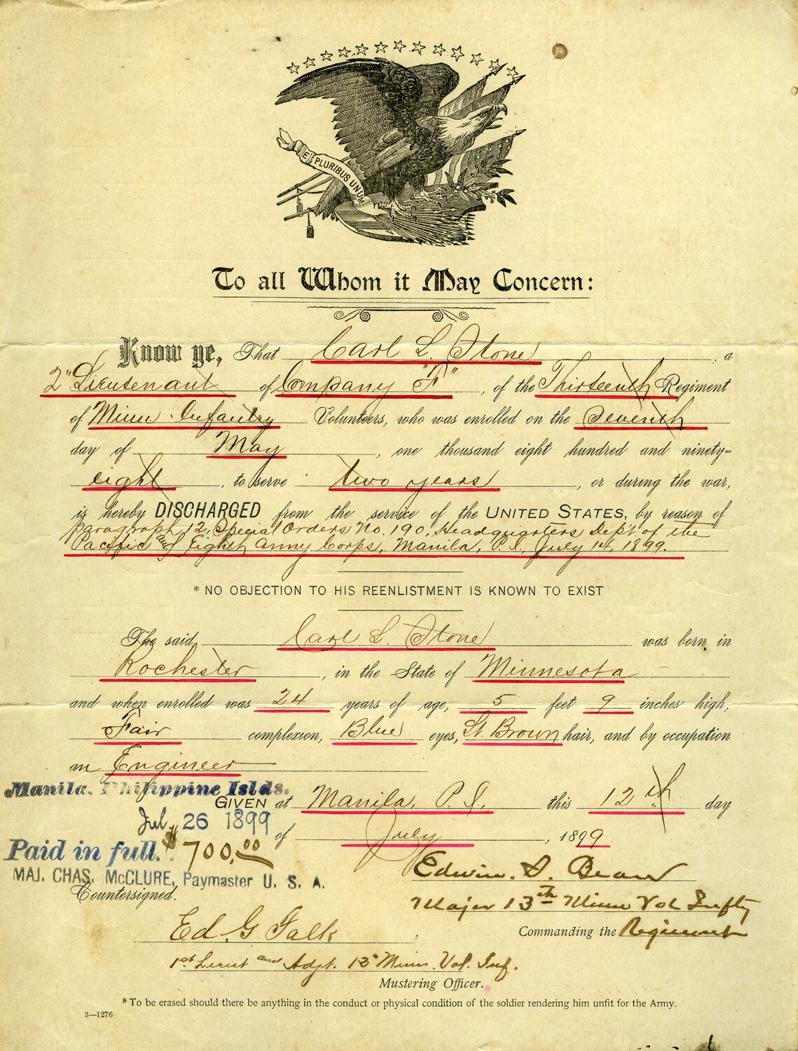 Discharge Certificate of 2nd Lieutenant Carl L. Stone, 13th Minnesota Volunteer Infantry, Manila, Philippine Islands, July 1899
