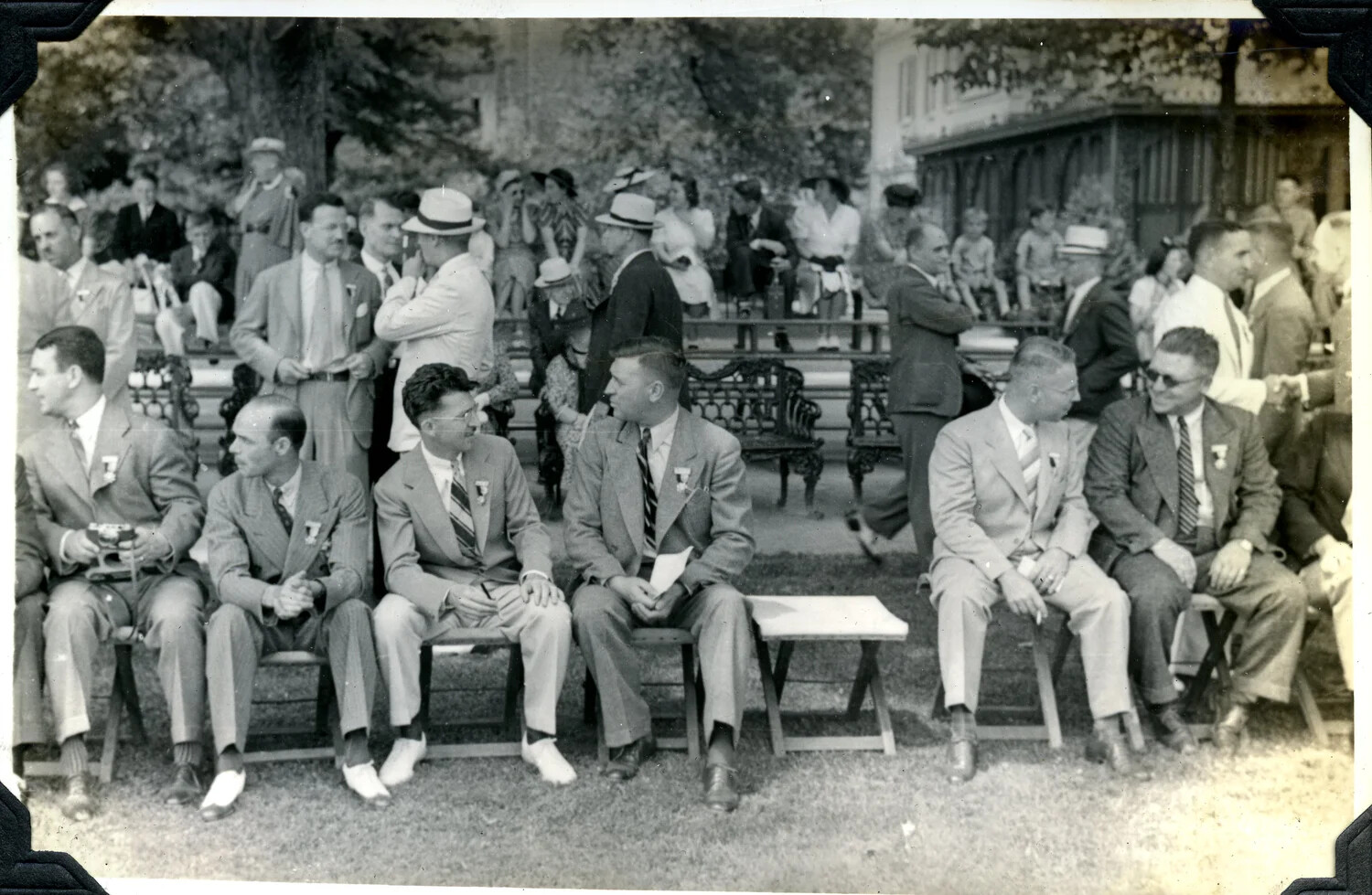 Group Portrait of Men in Civilian Dress at an Outdoor Gathering, Possibly a Signal Corps Veterans' Reunion