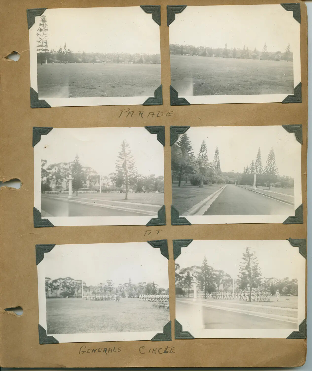 Album Page: Parade Ground and Troop Column 'At General's Circle,' Oahu Military Post, c. 1940–1942