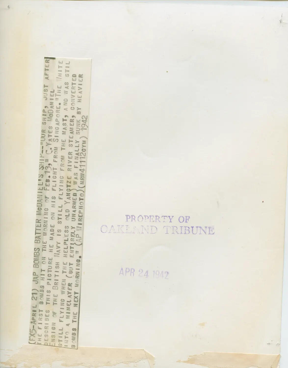Verso of WWII AP Wirephoto with Caption Clipping: 'Jap Bombs Batter McDaniel's Ship' (Singapore Evacuation, February 1942)