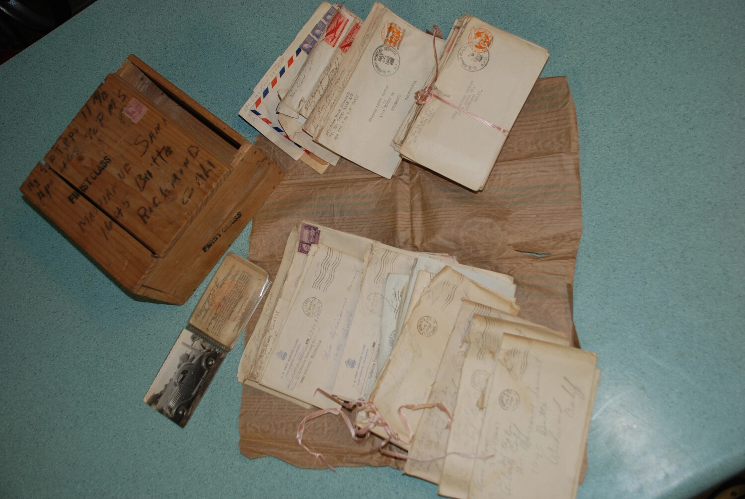 WWII-Era Letter Collection and Wooden Keepsake Box — Archival Documentation Photograph