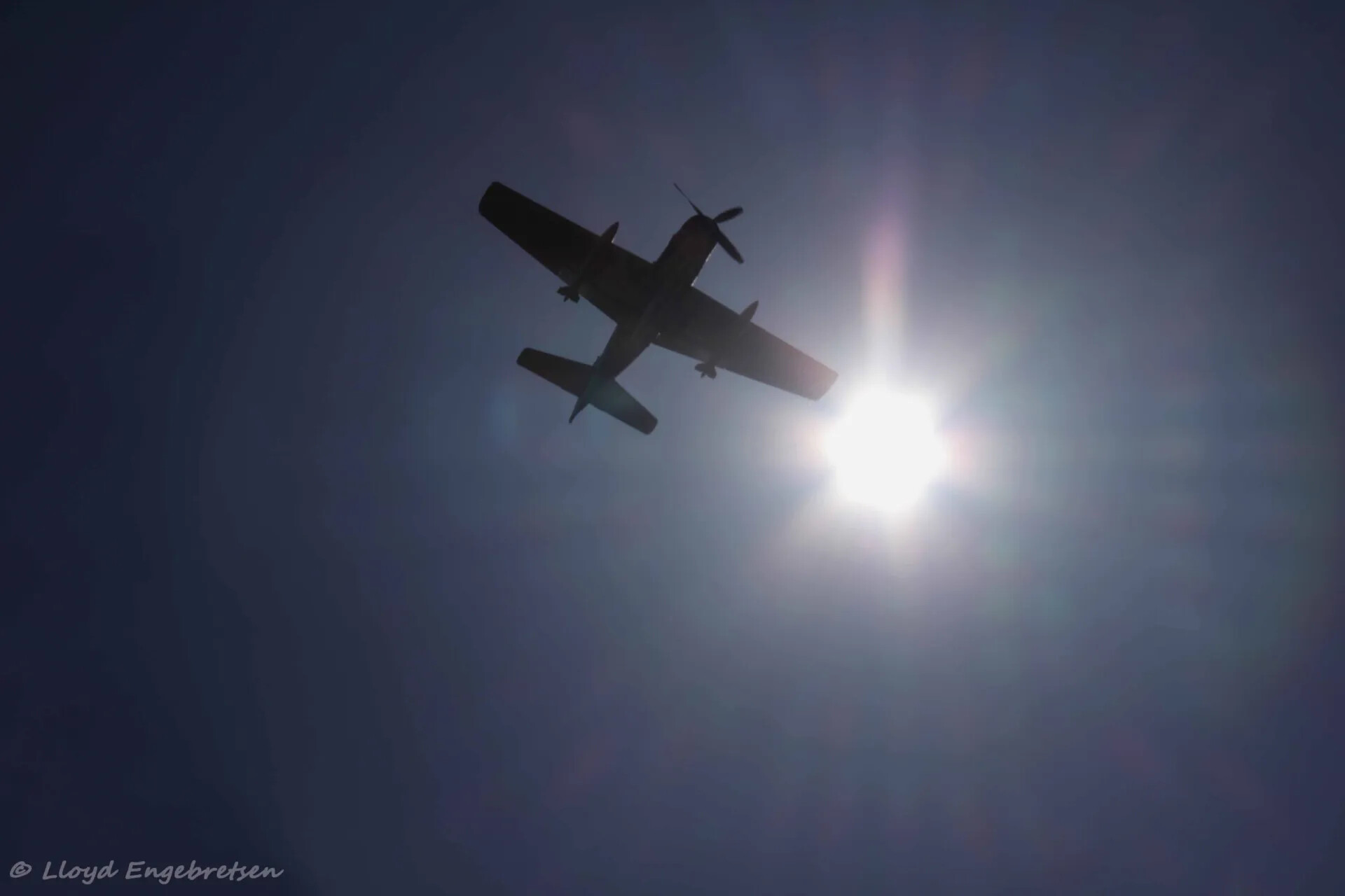 Twin-Engine Warbird in Flyby Silhouette Against Sun, Photo by Lloyd Engebretsen