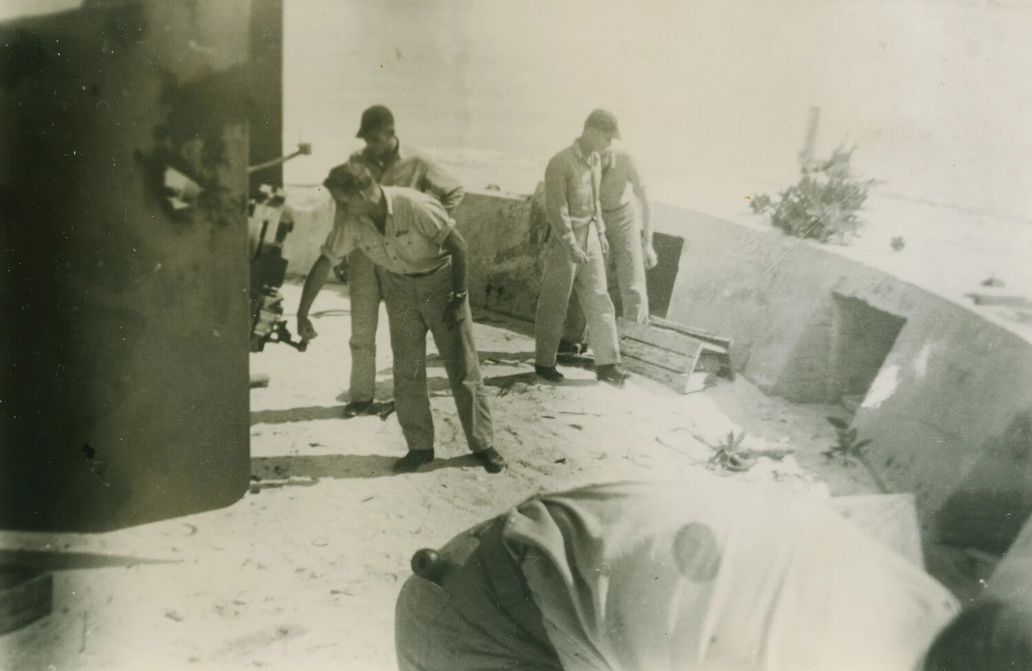 Servicemen Inspecting Damaged Bunker Fortification, Pacific Theater WWII - McAleer Collection