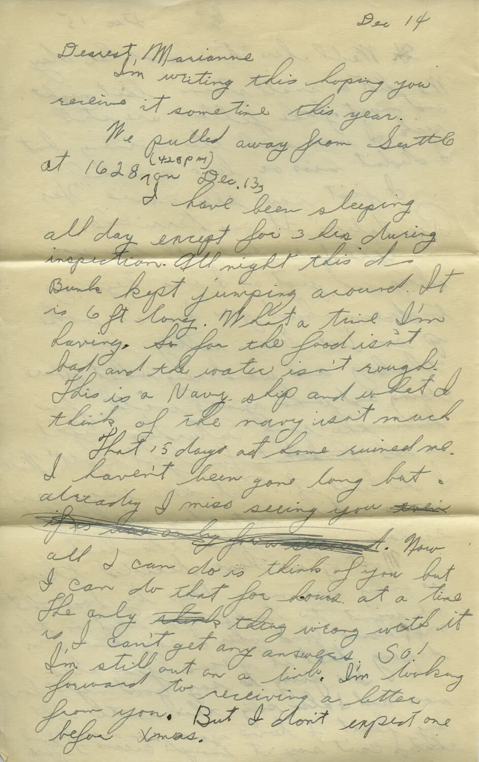 Handwritten WWII Letter to "Marianne," December 14 — Aboard a Navy Ship Departing Seattle