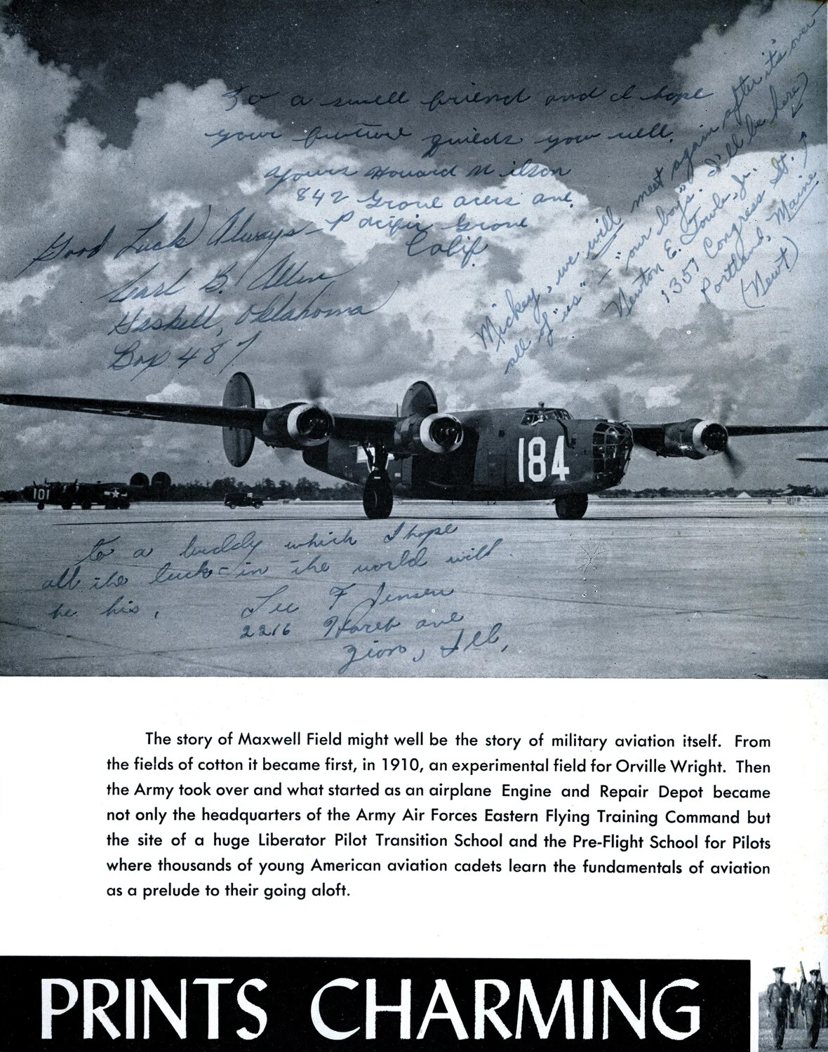 B-24 Liberator Bomber '184' with Multiple Cadet Signatures, Maxwell Field History Page, AAF Pre-Flight Training Booklet