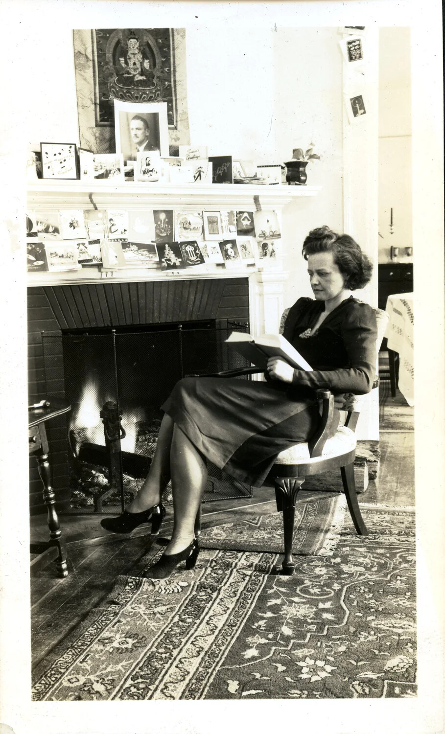 Woman Reading by the Fireside, Christmas Cards on Mantel, Jervey Signal Corps Album