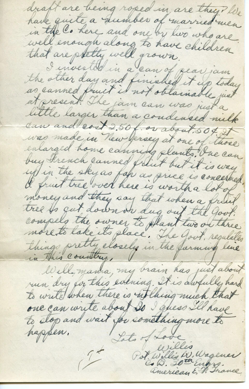 WWI Letter Home from Pvt. Willis W. Wagener, American Expeditionary Force, France