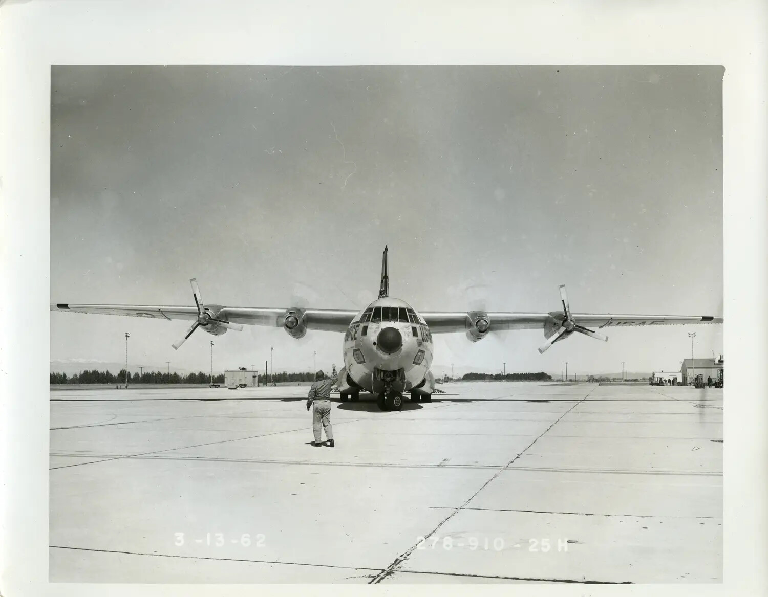 Lockheed C-130 Hercules Transport Aircraft, Frontal View on Ramp, March 1962