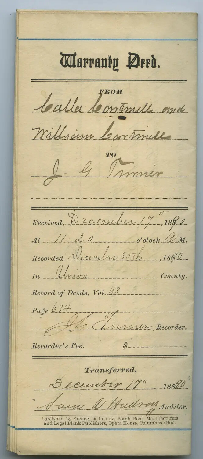 Warranty Deed, Cortnell to J. G. Turner, Union County, Ohio, 1880