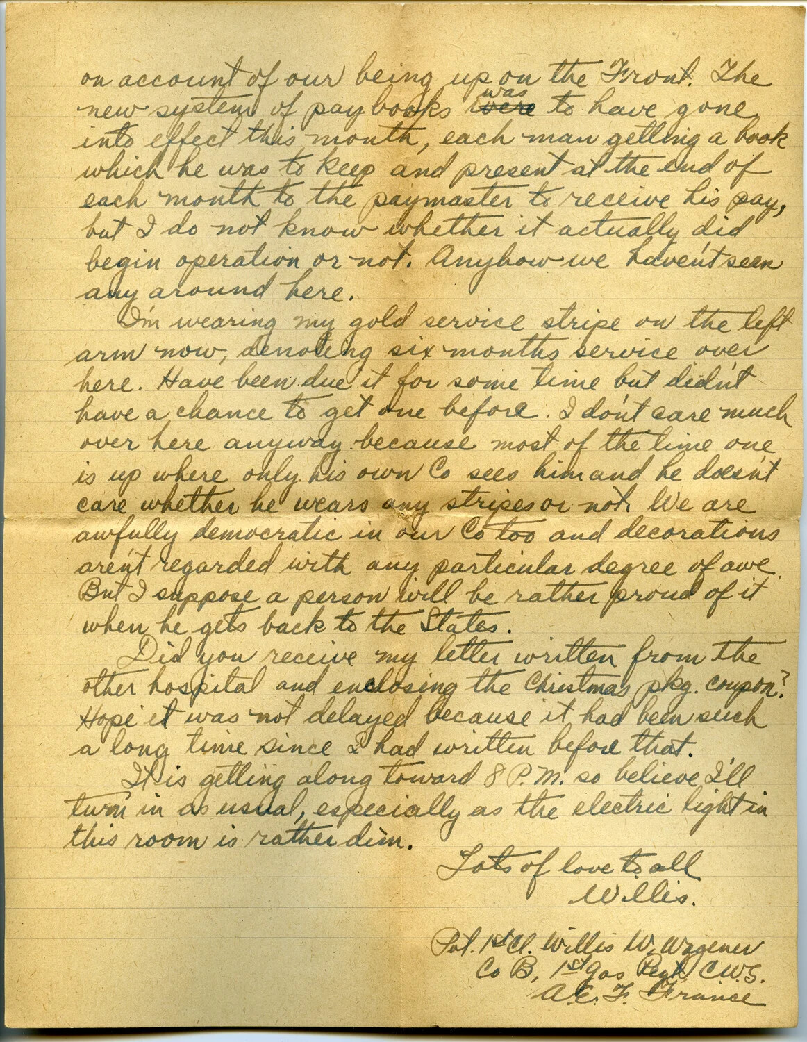 Handwritten WWI Letter from Pvt. Willis W. Wagener, Co. B, 1st Gas Regiment, C.W.S., A.E.F. France