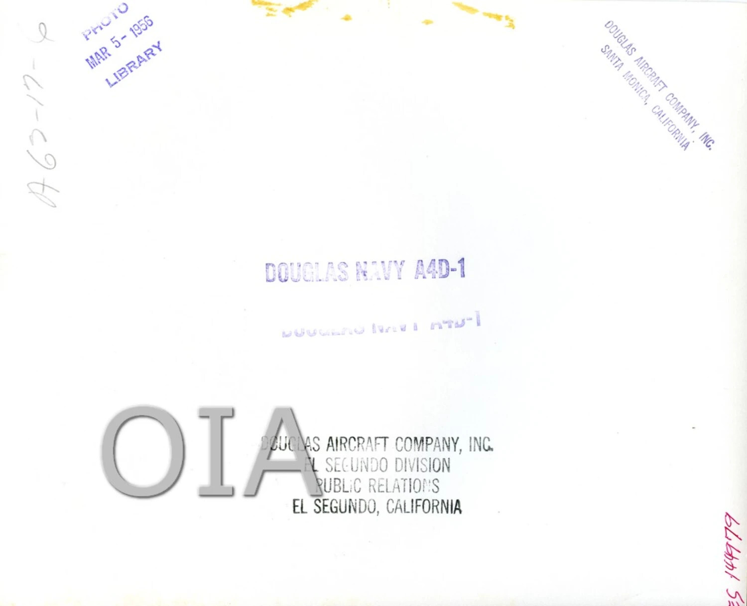 Verso of Official Douglas Aircraft Company Publicity Photograph - A4D-1 Skyhawk Caption and Distribution Stamps