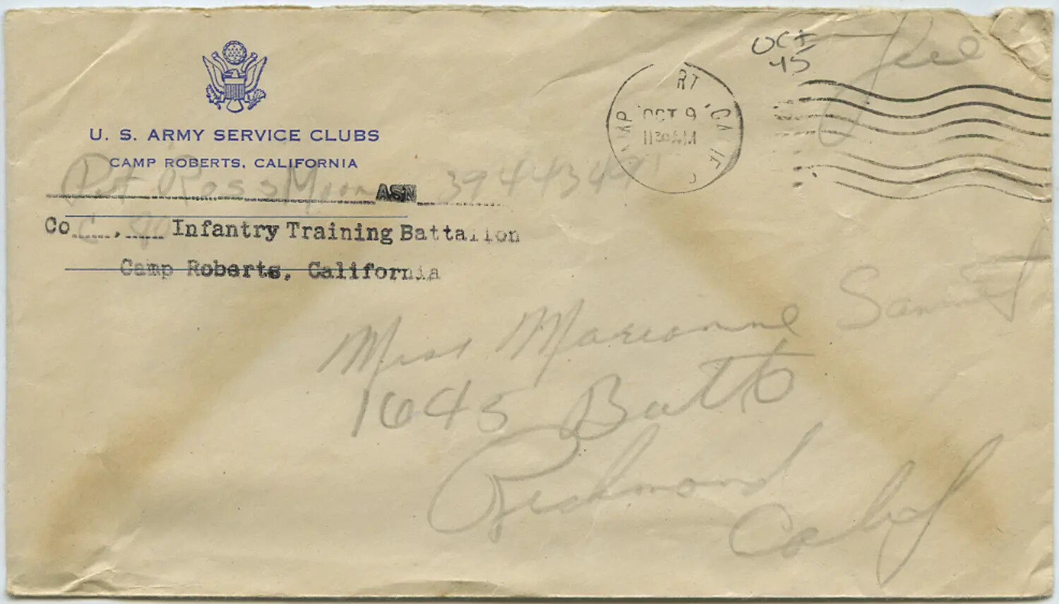 WWII Era Envelope, U.S. Army Service Clubs, Camp Roberts, California, Addressed to Miss Marianne Sammiet