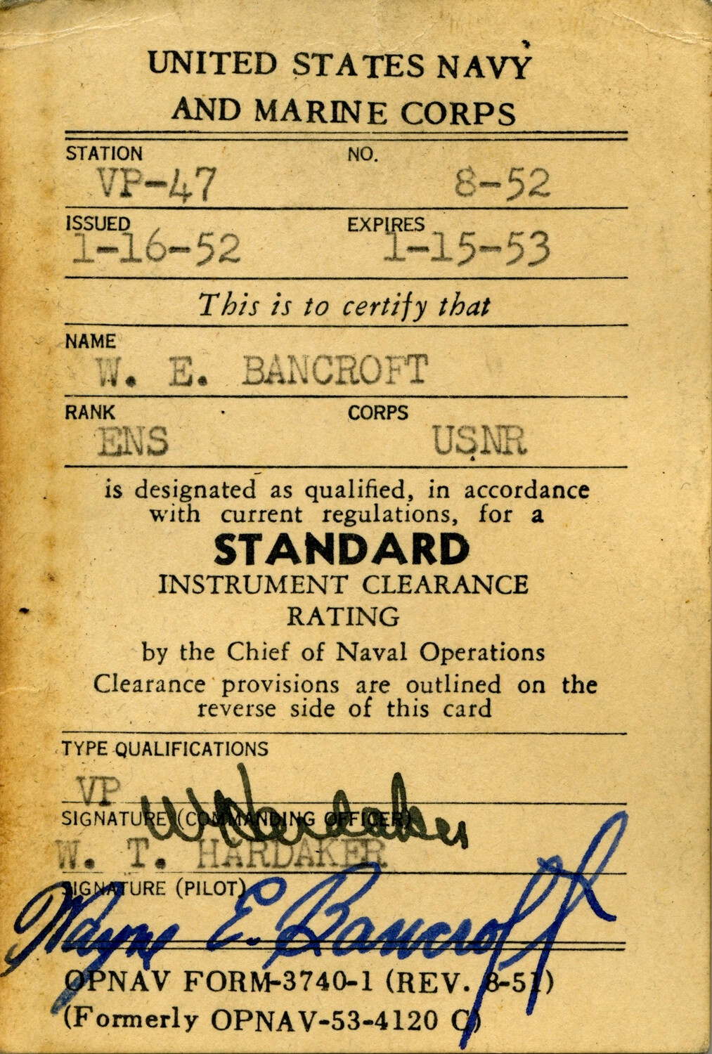 U.S. Navy Instrument Clearance Card, Ensign W. E. Bancroft, VP-47, 1952