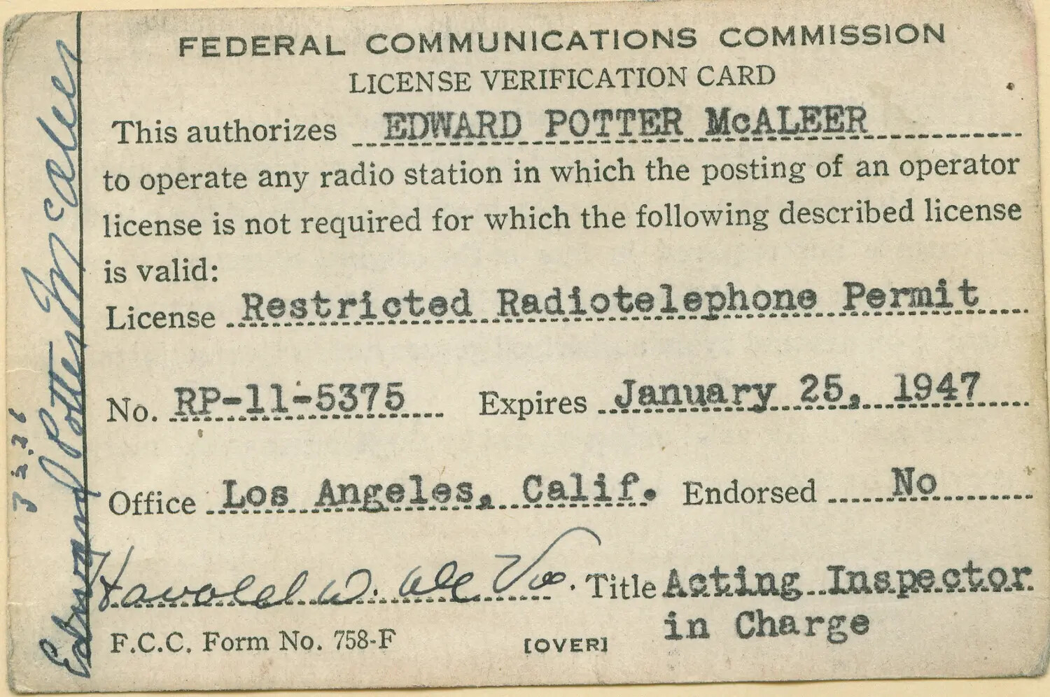 FCC Restricted Radiotelephone Permit Verification Card – Edward Potter McAleer