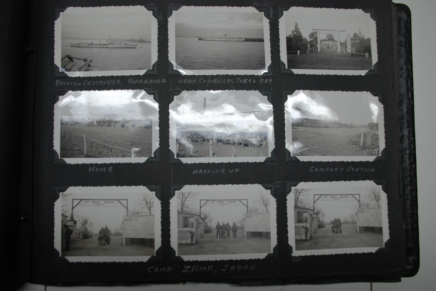 Album Page: British Destroyer, USHS Comfort, and Camp Zama Scenes, Occupied Japan