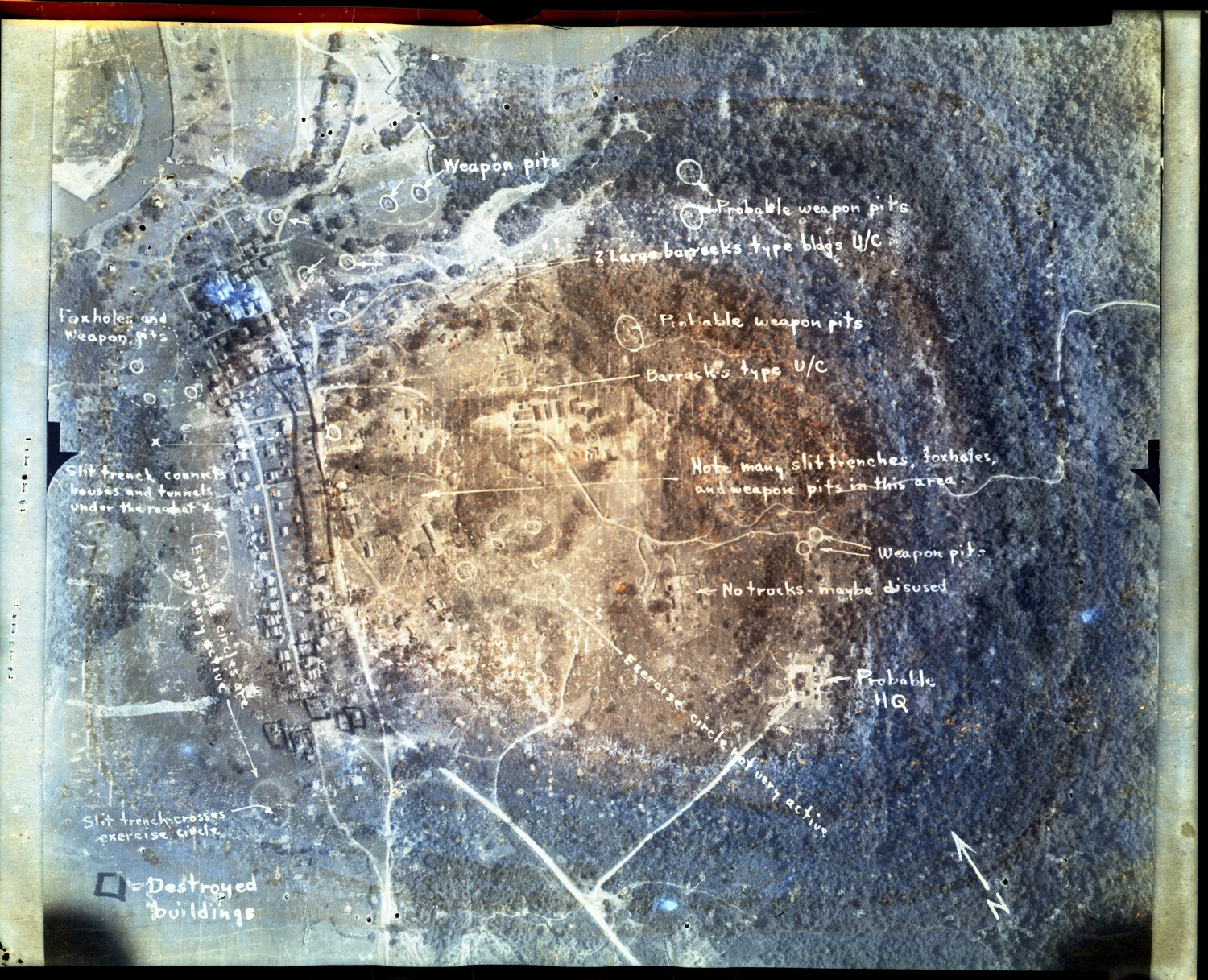 Annotated Aerial Reconnaissance Photograph of Military Encampment, CBI Theater, WWII