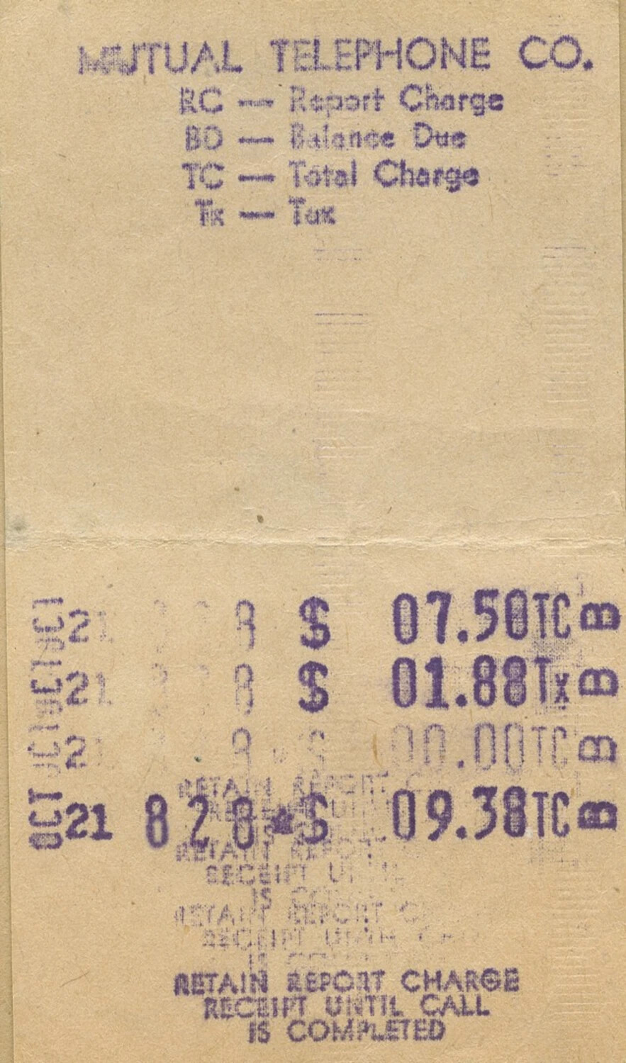 Mutual Telephone Company Charge Receipt, McAleer Papers